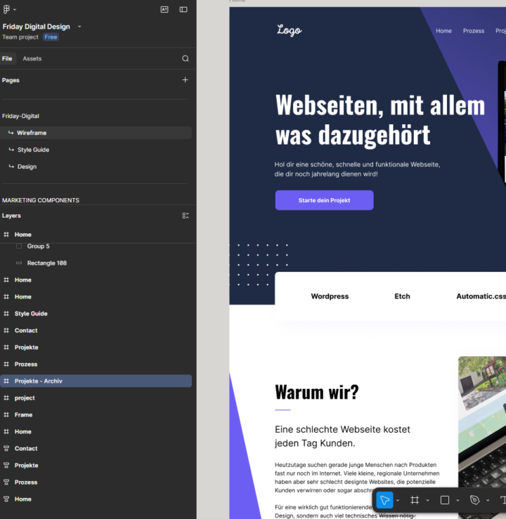 Design der Friday Digital Webseite im Designtool Figma