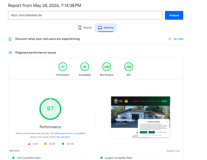 Page Speed Insights Analyse von MSC Bittenfeld. Der Performance Score beträgt 97.