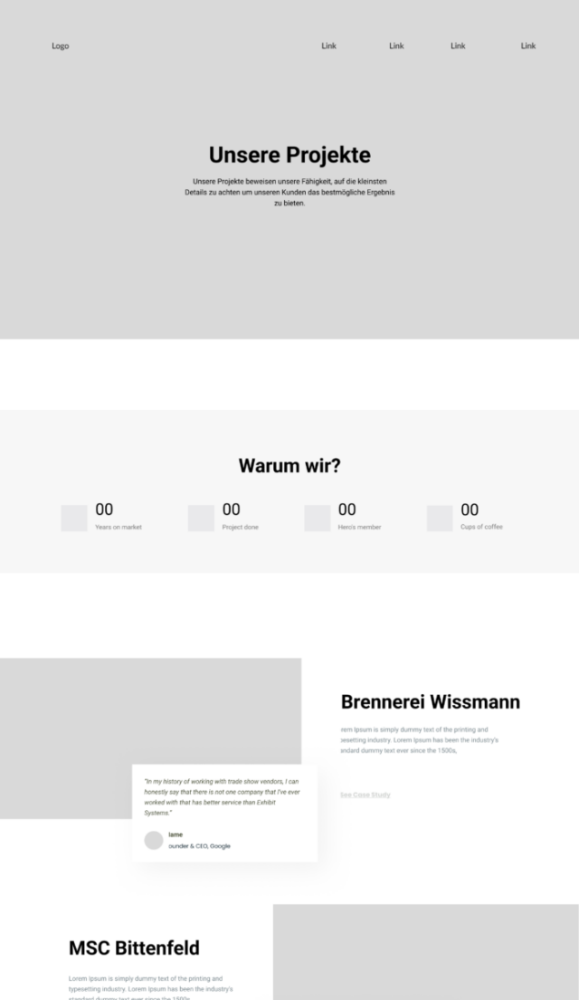 Schwarz-Weißes Wireframe der Homepage von Friday Digital